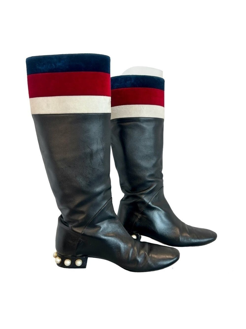 GUCCI ‘Jem’ black leather faux Pearl red blue white velvet stripe riding boot 39